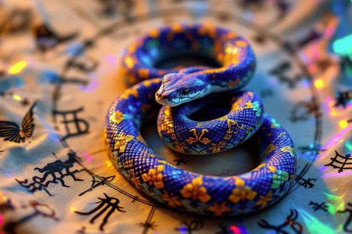 Žvilgsnis į ateitį: spalvinga gyvatė simbolizuoja 2025-uosius – Medinės Gyvatės metus pagal kinų horoskopą, apsupta zodiako ženklų ir mistinių simbolių.