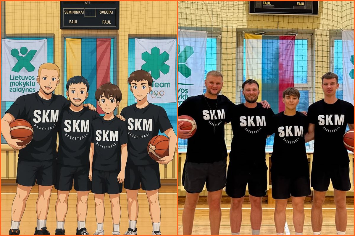 KM krepšinio treneriai Palangoje – tikra ir iliustruota nuotrauka su komanda sporto salėje.
